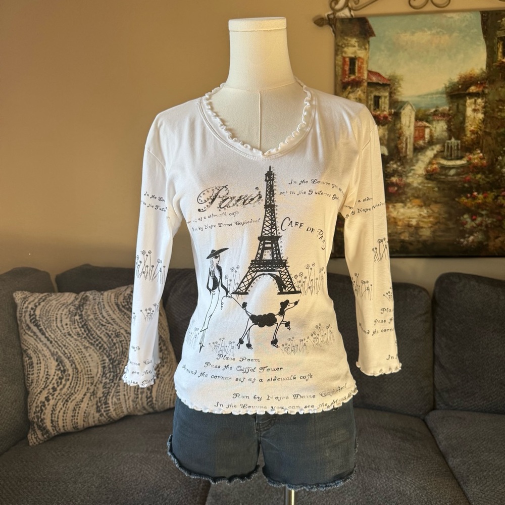 CACTUS Vintage Y2K White Black Paris Eiffel Tower V Neck Graphic Long Sleeve Top